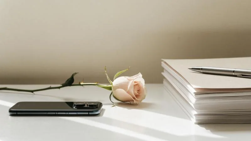 白い机に置かれたスマートフォンと一輪のバラ、書類の束