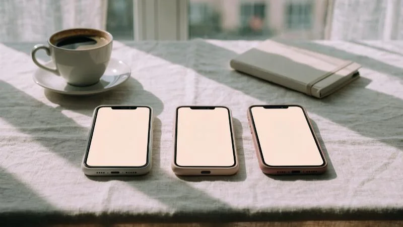 リネンのテーブルに並んだ3台のスマートフォンとコーヒーカップ